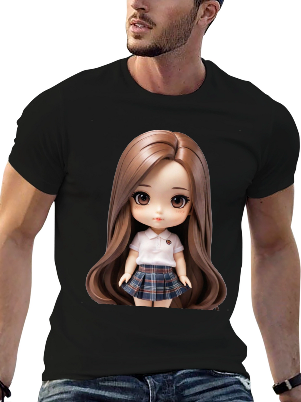 Anime Doll Graphic Print Black T-Shirt