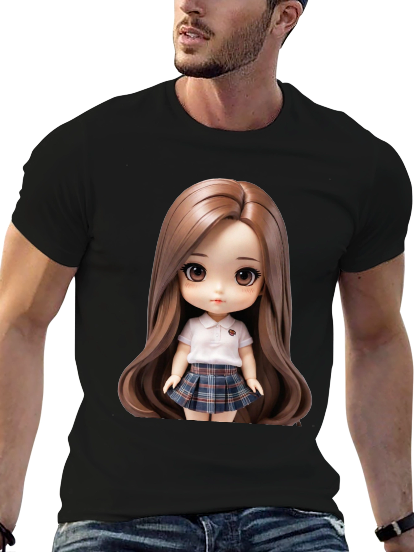 Anime Doll Graphic Print Black T-Shirt