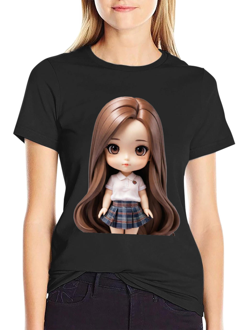 Anime Doll Graphic Print Black T-Shirt