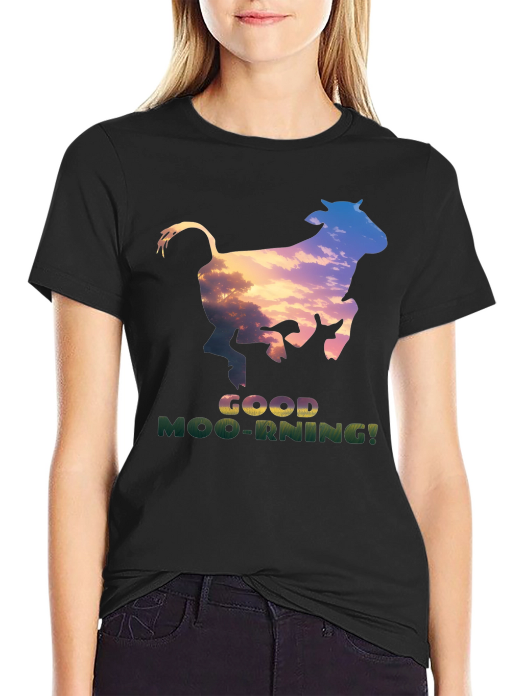 Good Moo-rning T-Shirt - Unique Cow Sunset Design