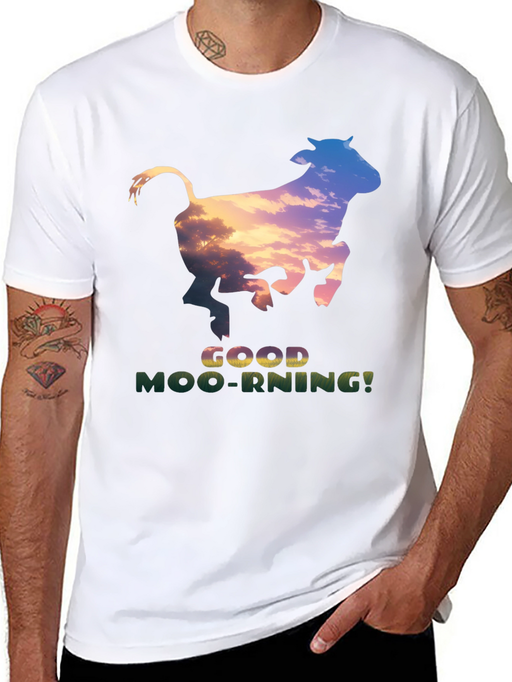 Good Moo-rning T-Shirt - Unique Cow Sunset Design