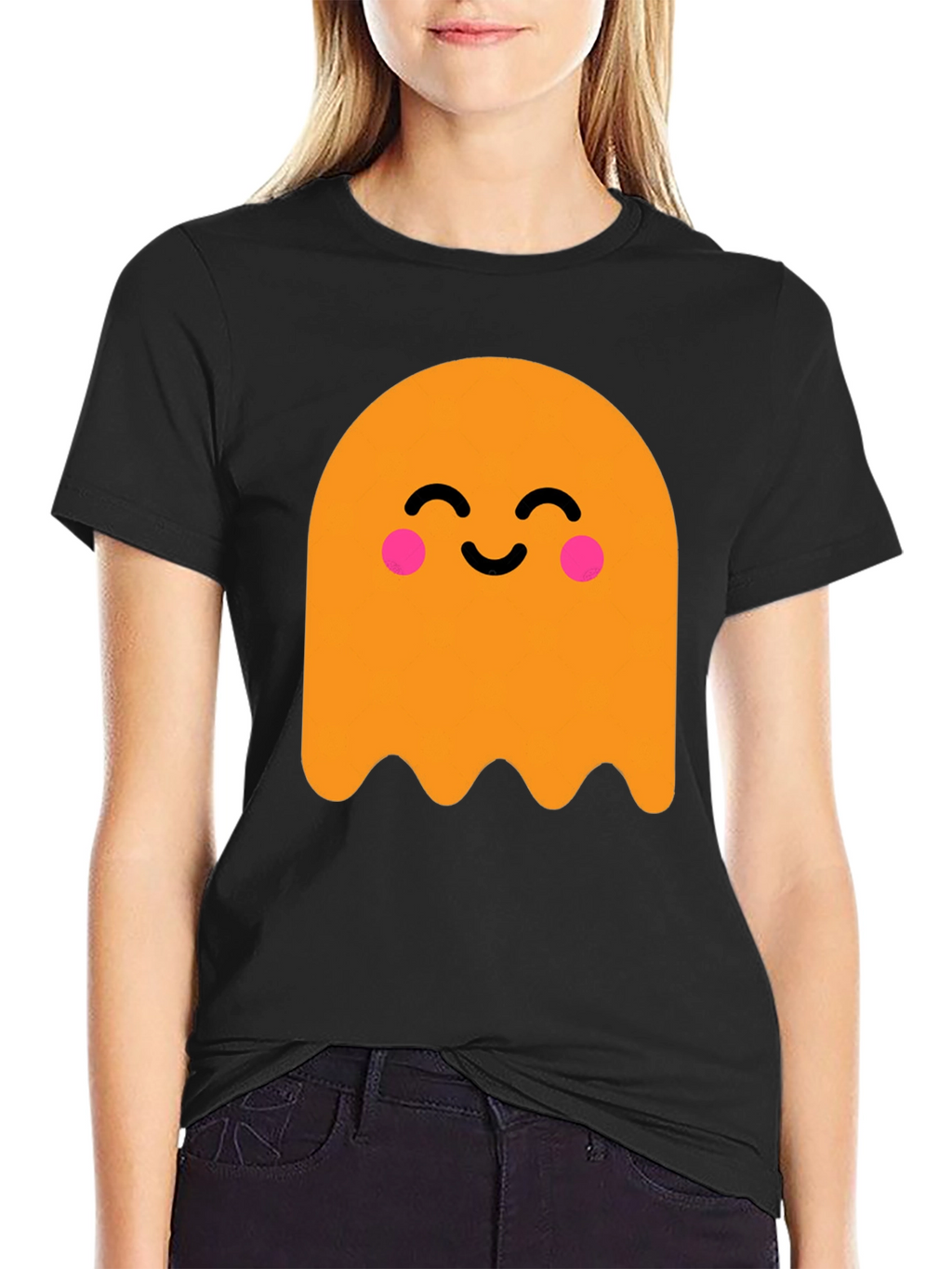 Cute Ghost Graphic Tee - Black Cotton T-Shirt