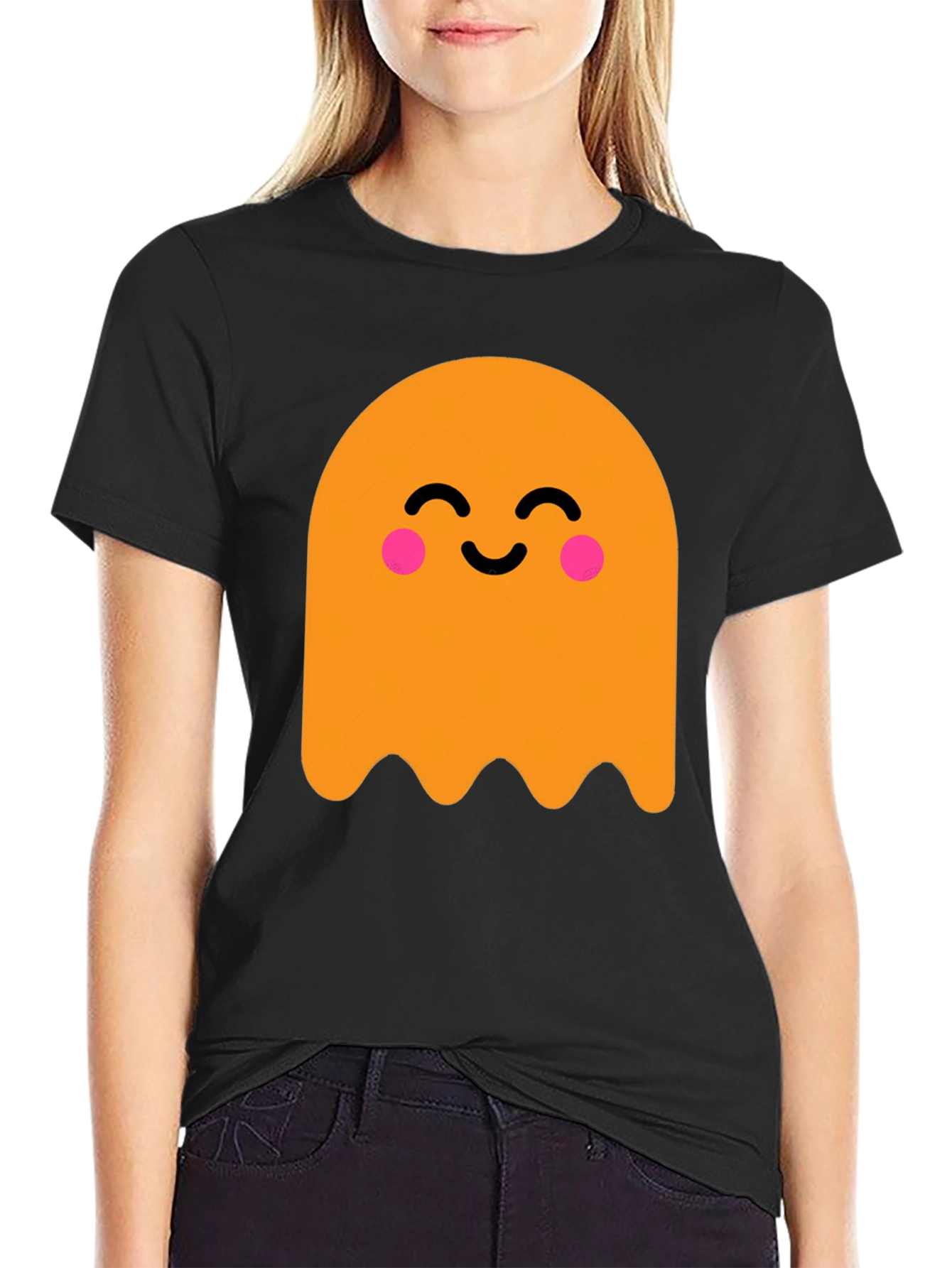 Cute Ghost Graphic Tee - Black Cotton T-Shirt