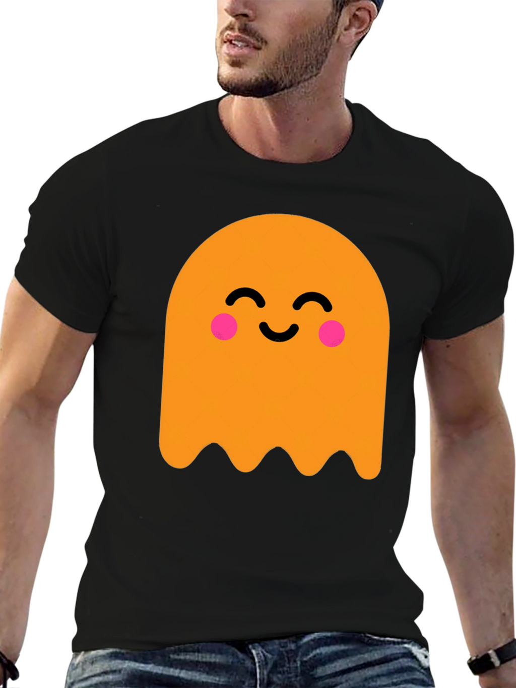 Cute Ghost Graphic Tee - Black Cotton T-Shirt