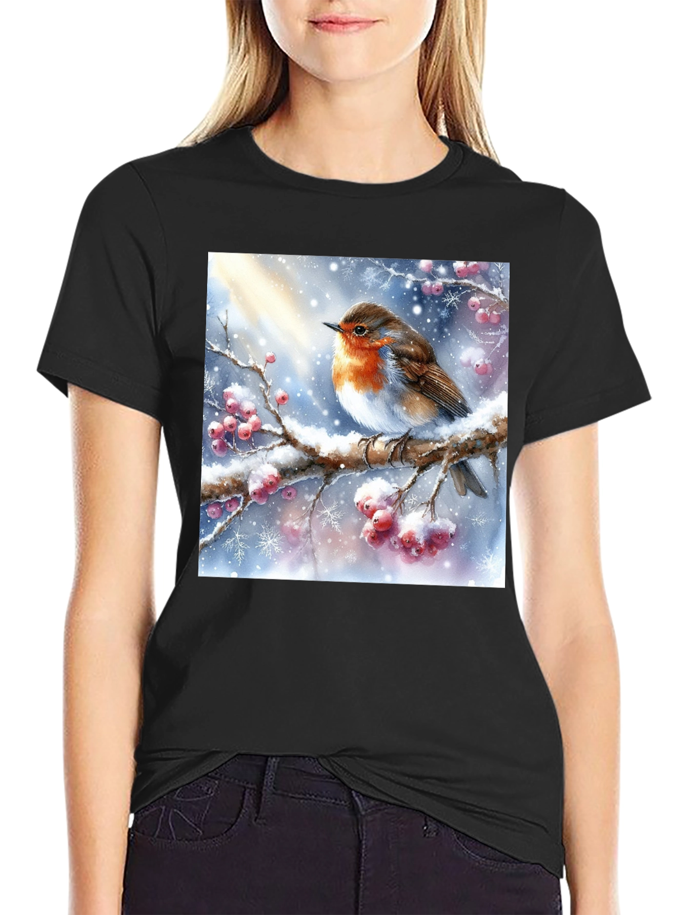 Winter Robin T-Shirt - Holiday Bird Design