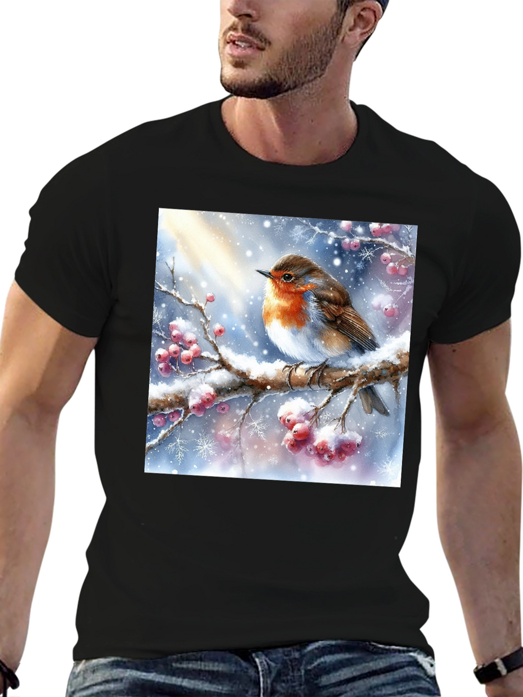 Winter Robin T-Shirt - Holiday Bird Design