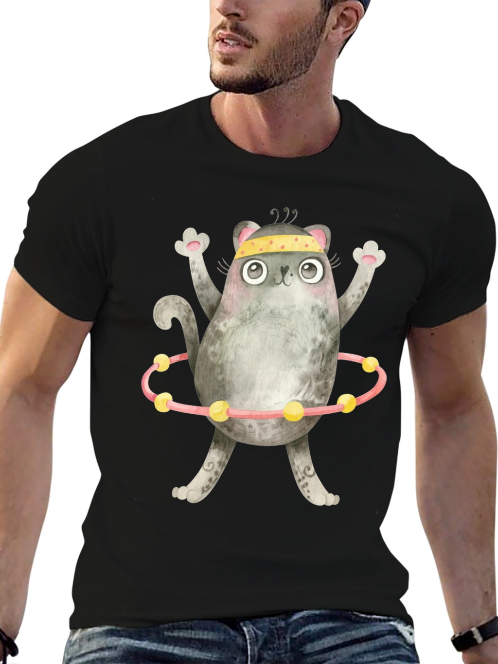 Funny Cat Hula Hoop Black T-Shirt