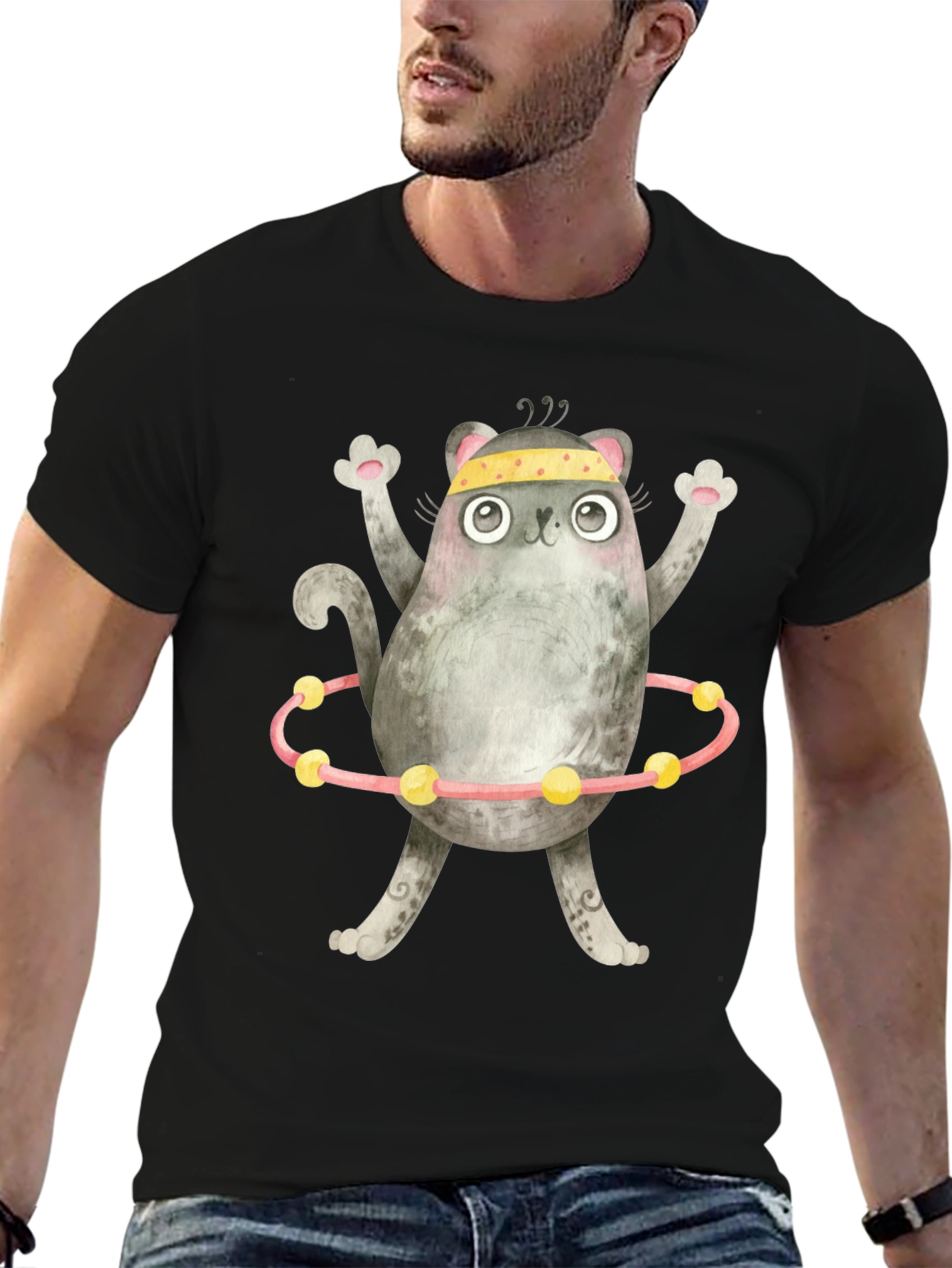 Funny Cat Hula Hoop Black T-Shirt