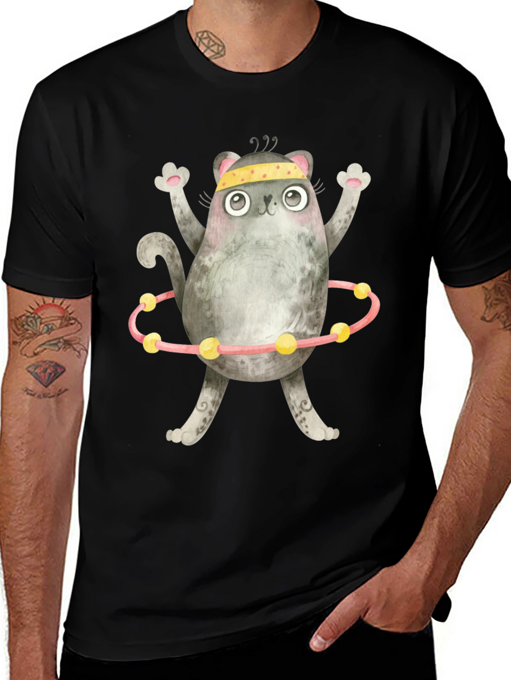 Funny Cat Hula Hoop Black T-Shirt