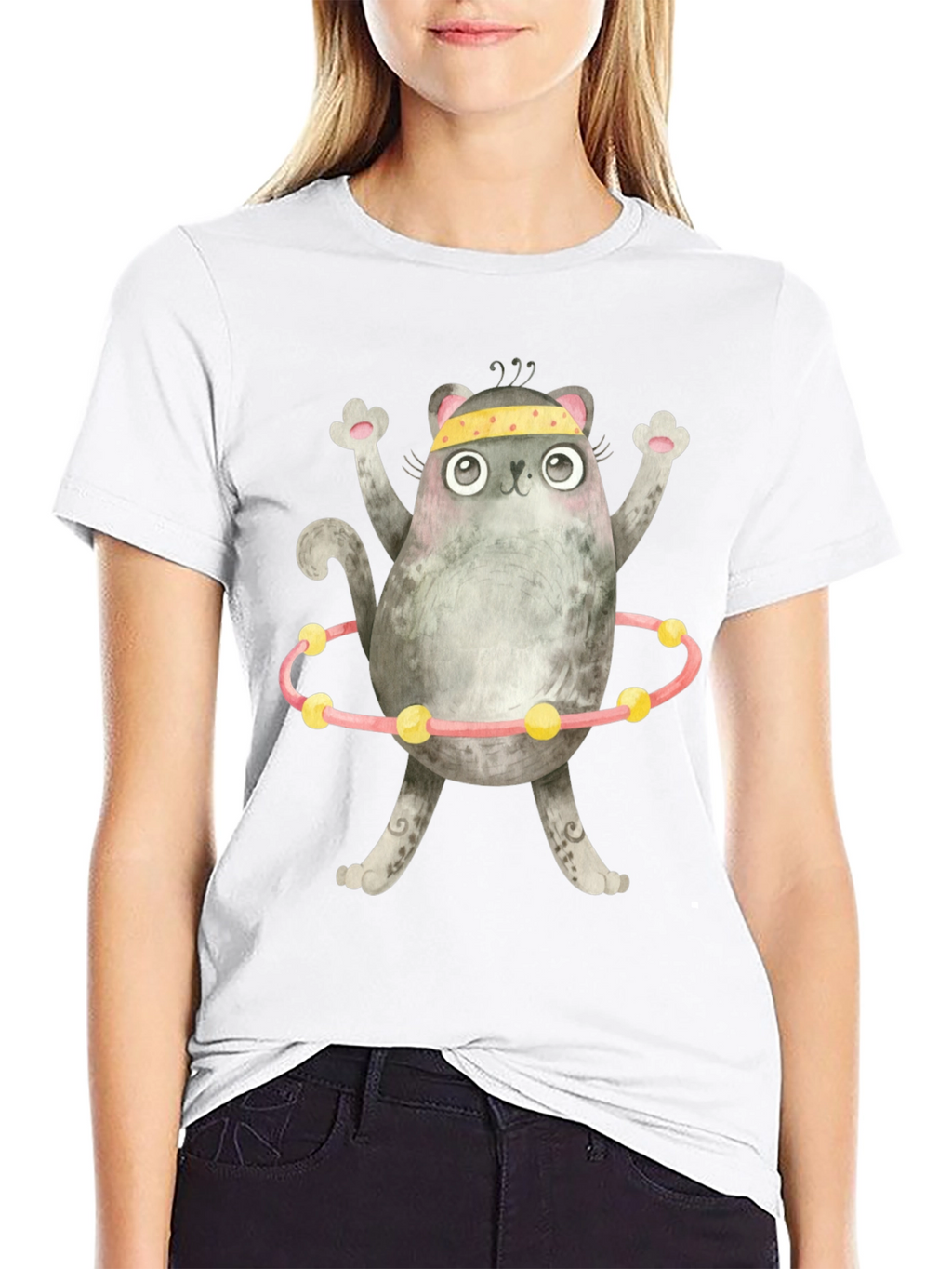 Funny Cat Hula Hoop Black T-Shirt