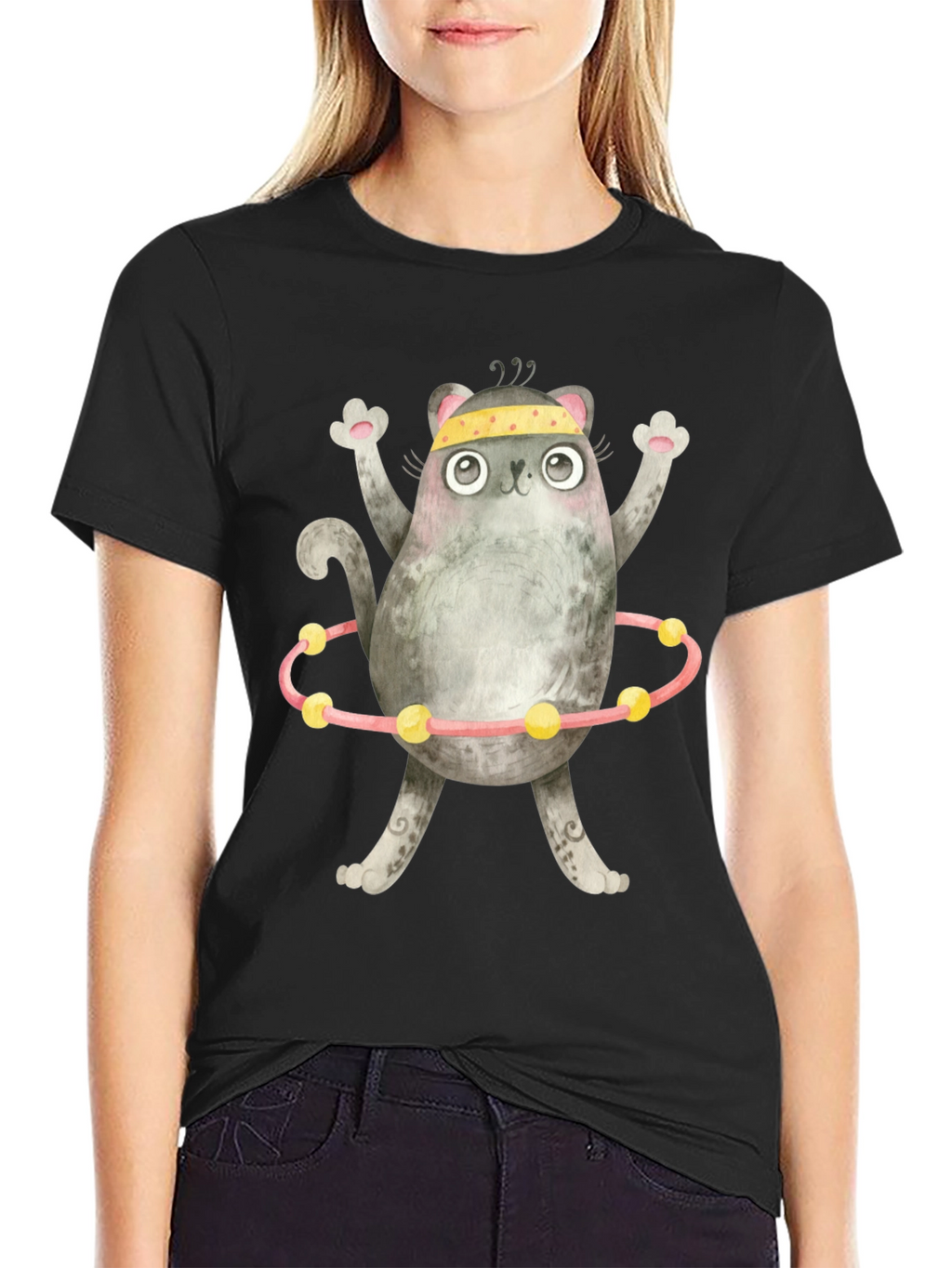 Funny Cat Hula Hoop Black T-Shirt