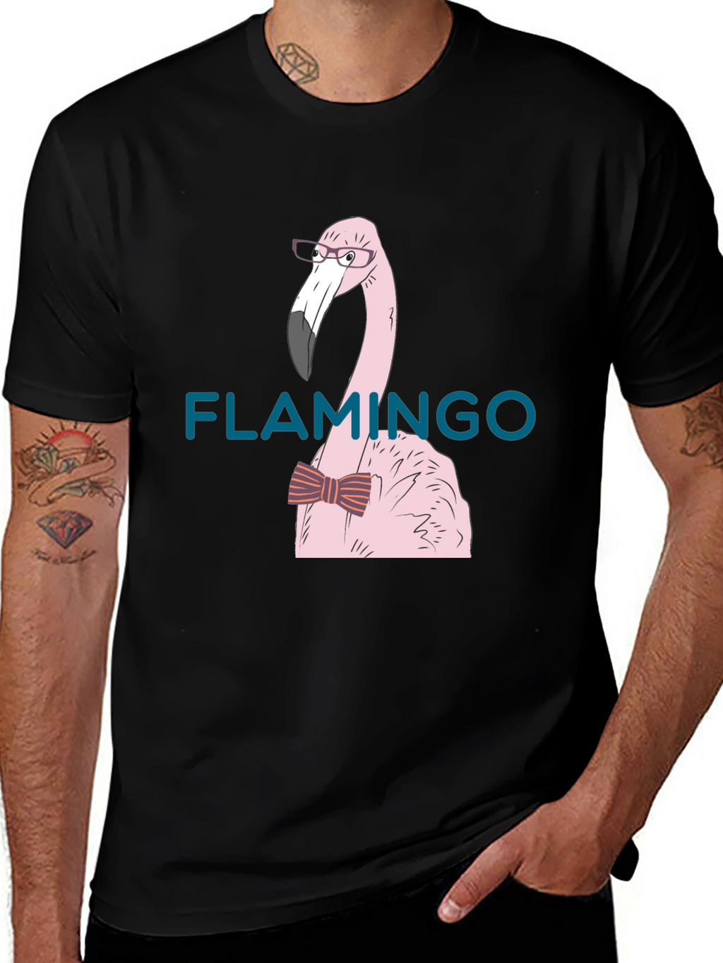 Flamingo with Bow Tie Black T-Shirt