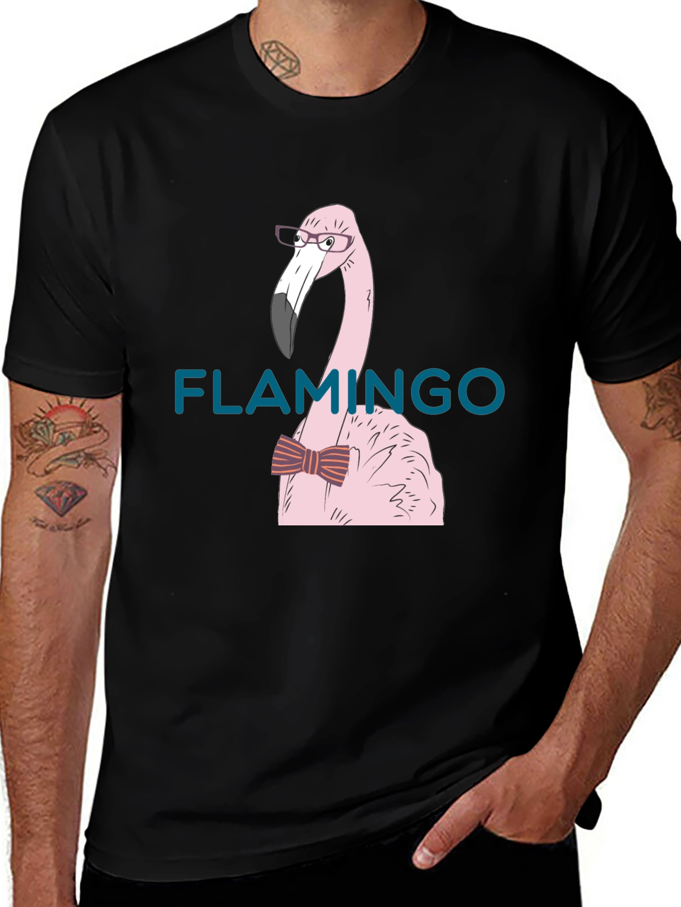 Flamingo with Bow Tie Black T-Shirt