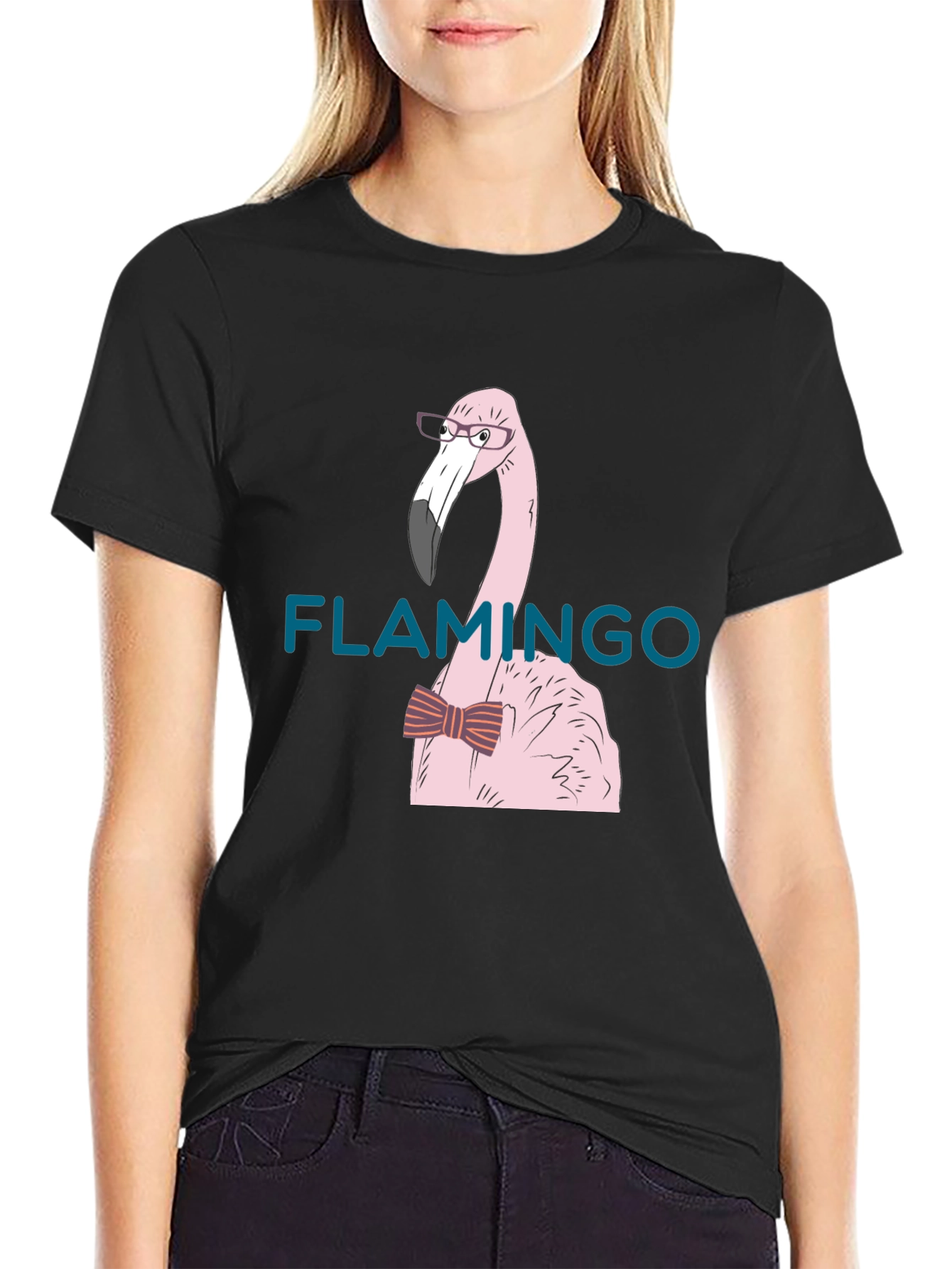 Flamingo with Bow Tie Black T-Shirt