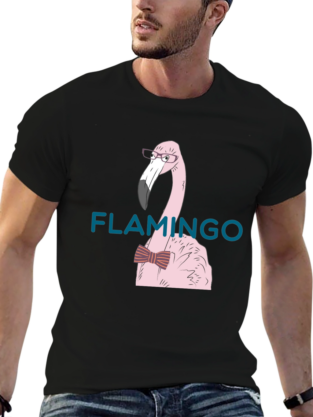 Flamingo with Bow Tie Black T-Shirt