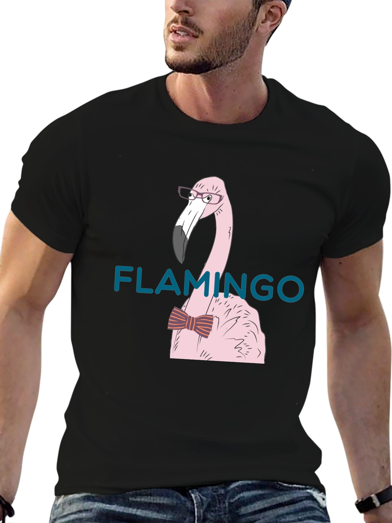Flamingo with Bow Tie Black T-Shirt