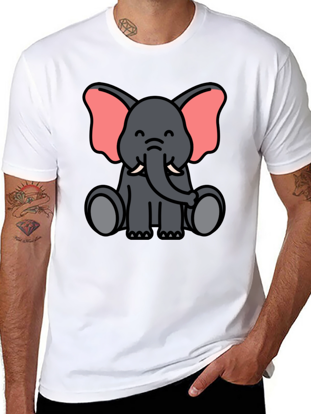 Cute Elephant Cartoon Graphic Black T-Shirt