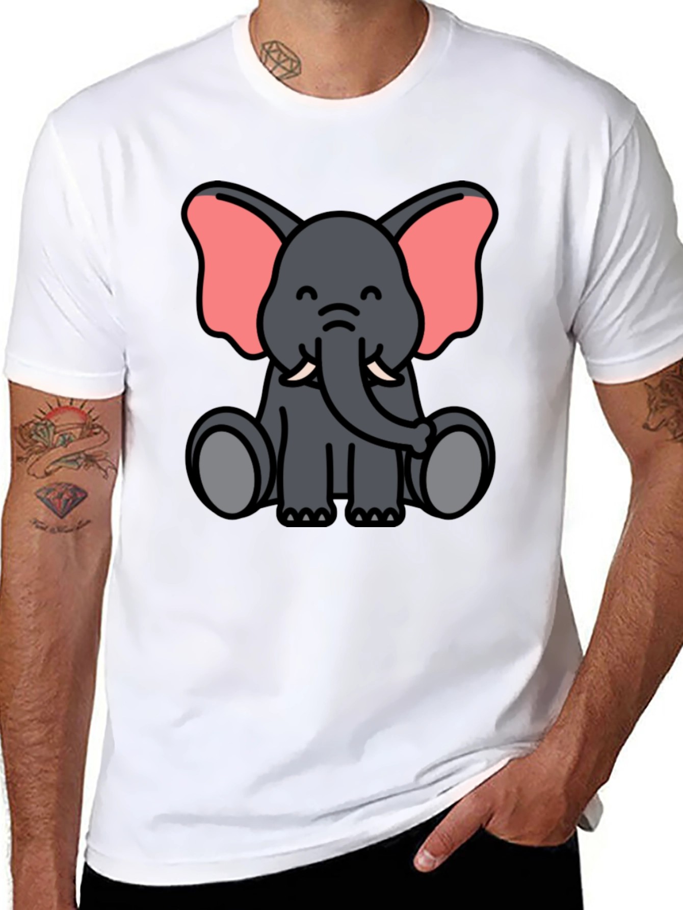 Cute Elephant Cartoon Graphic Black T-Shirt