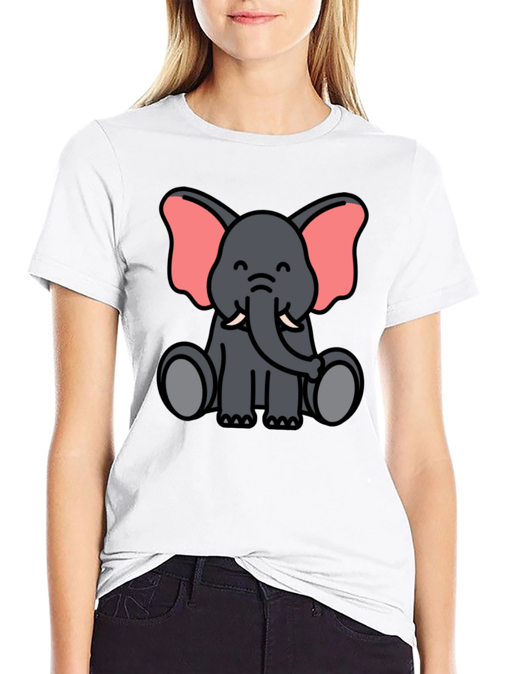 Cute Elephant Cartoon Graphic Black T-Shirt