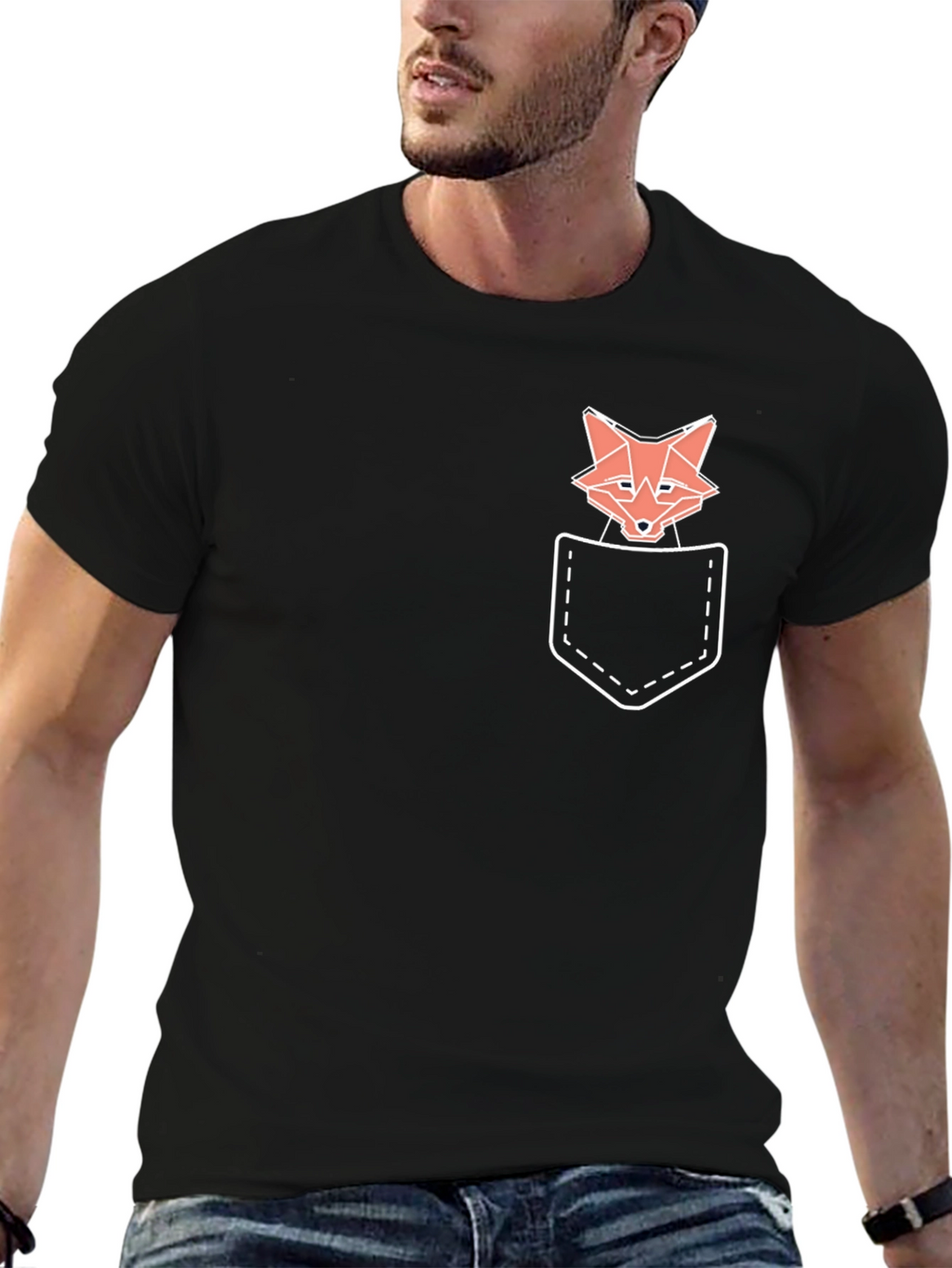 Geometric Fox Pocket Print T-Shirt - Black
