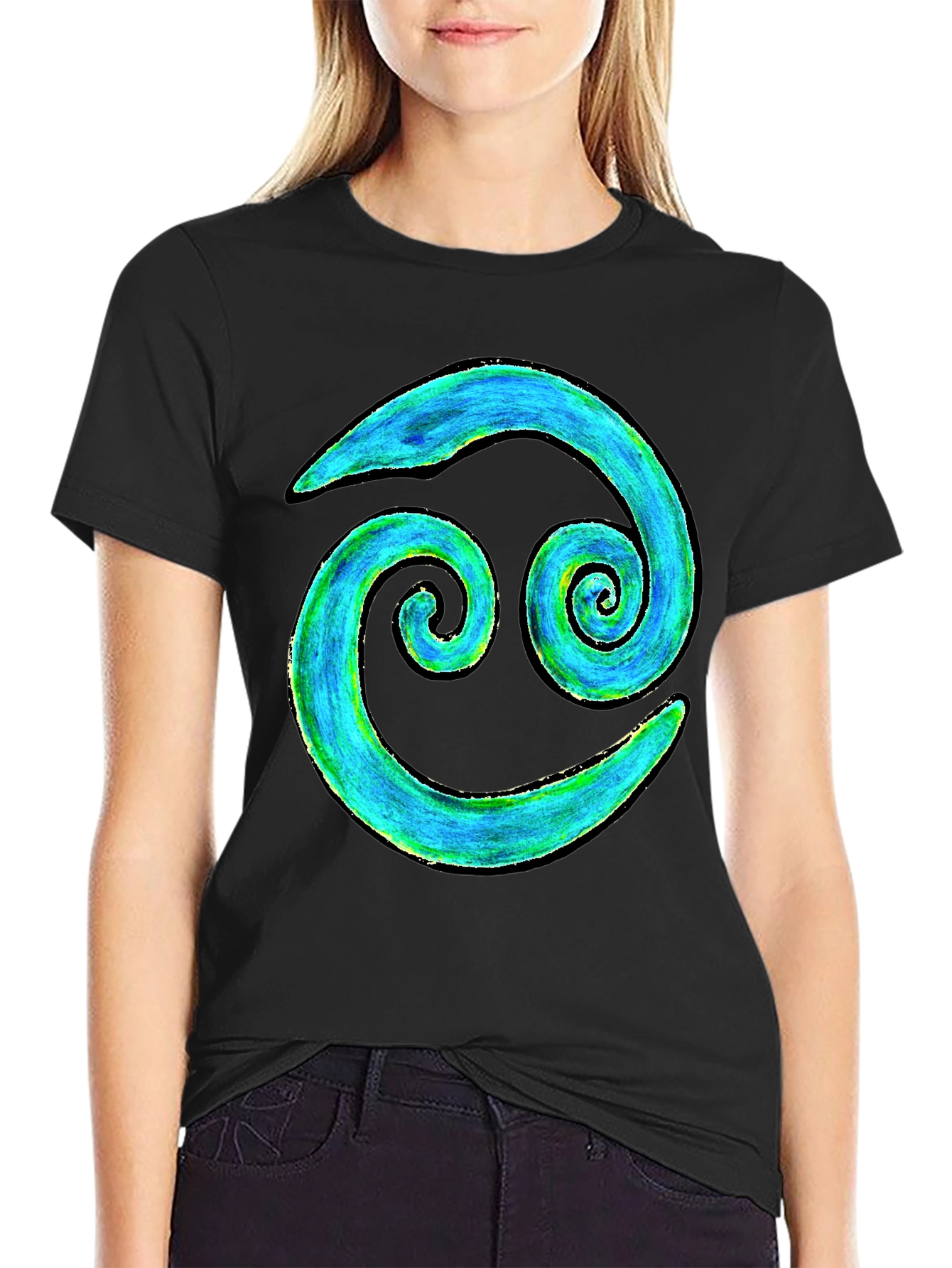 Cancer Zodiac T-Shirt - Blue and Green Spiral Design
