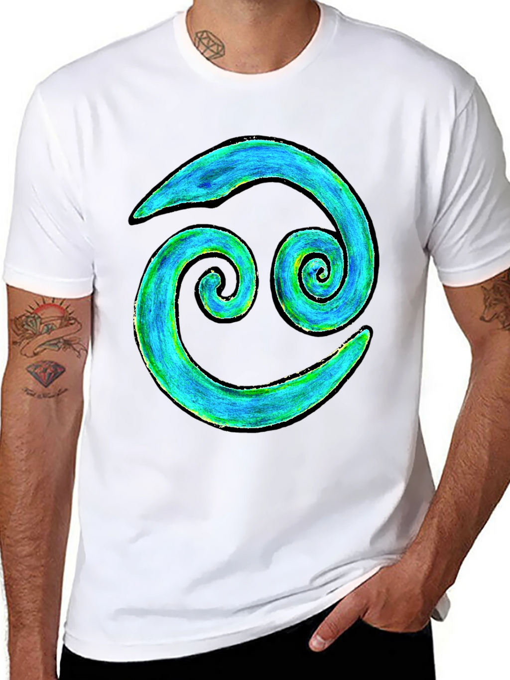 Cancer Zodiac T-Shirt - Blue and Green Spiral Design