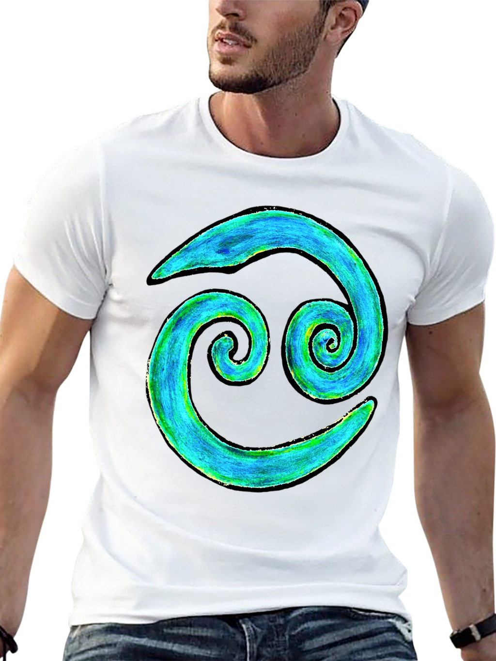 Cancer Zodiac T-Shirt - Blue and Green Spiral Design