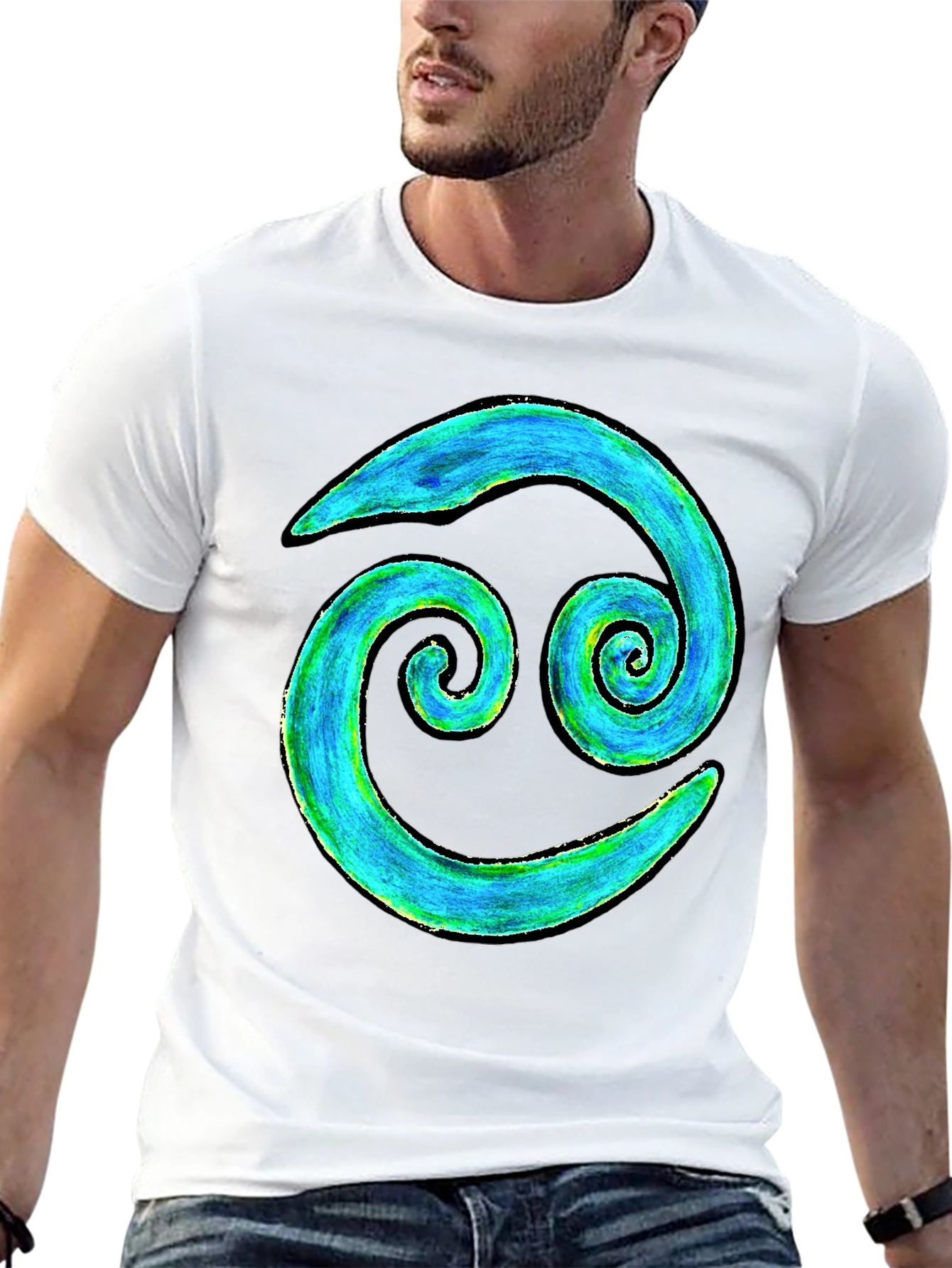 Cancer Zodiac T-Shirt - Blue and Green Spiral Design