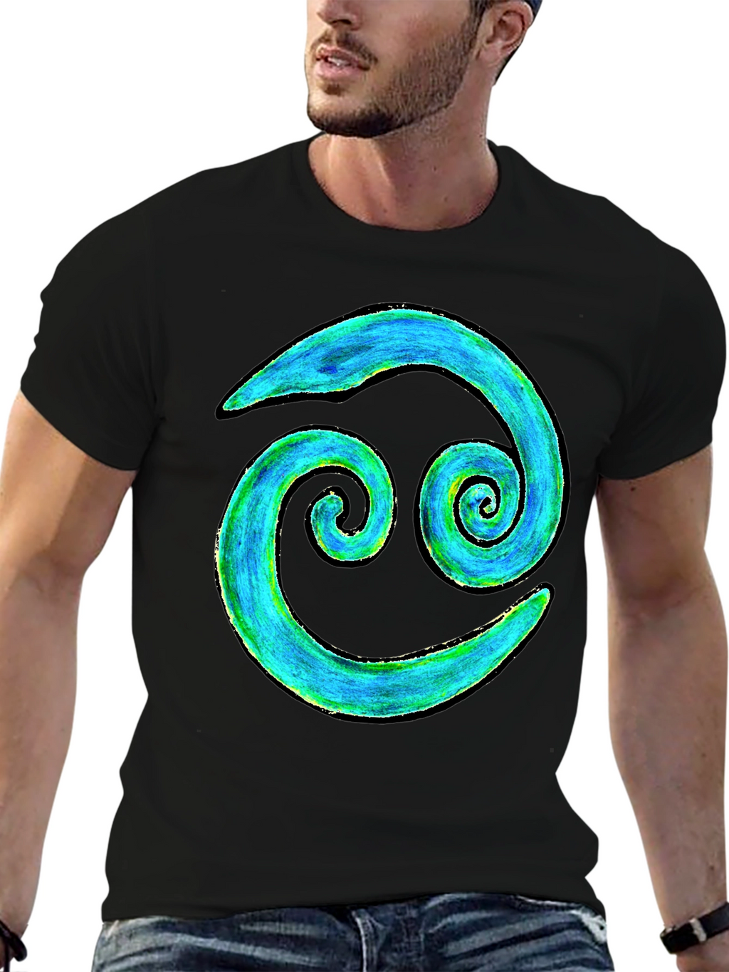 Cancer Zodiac T-Shirt - Blue and Green Spiral Design