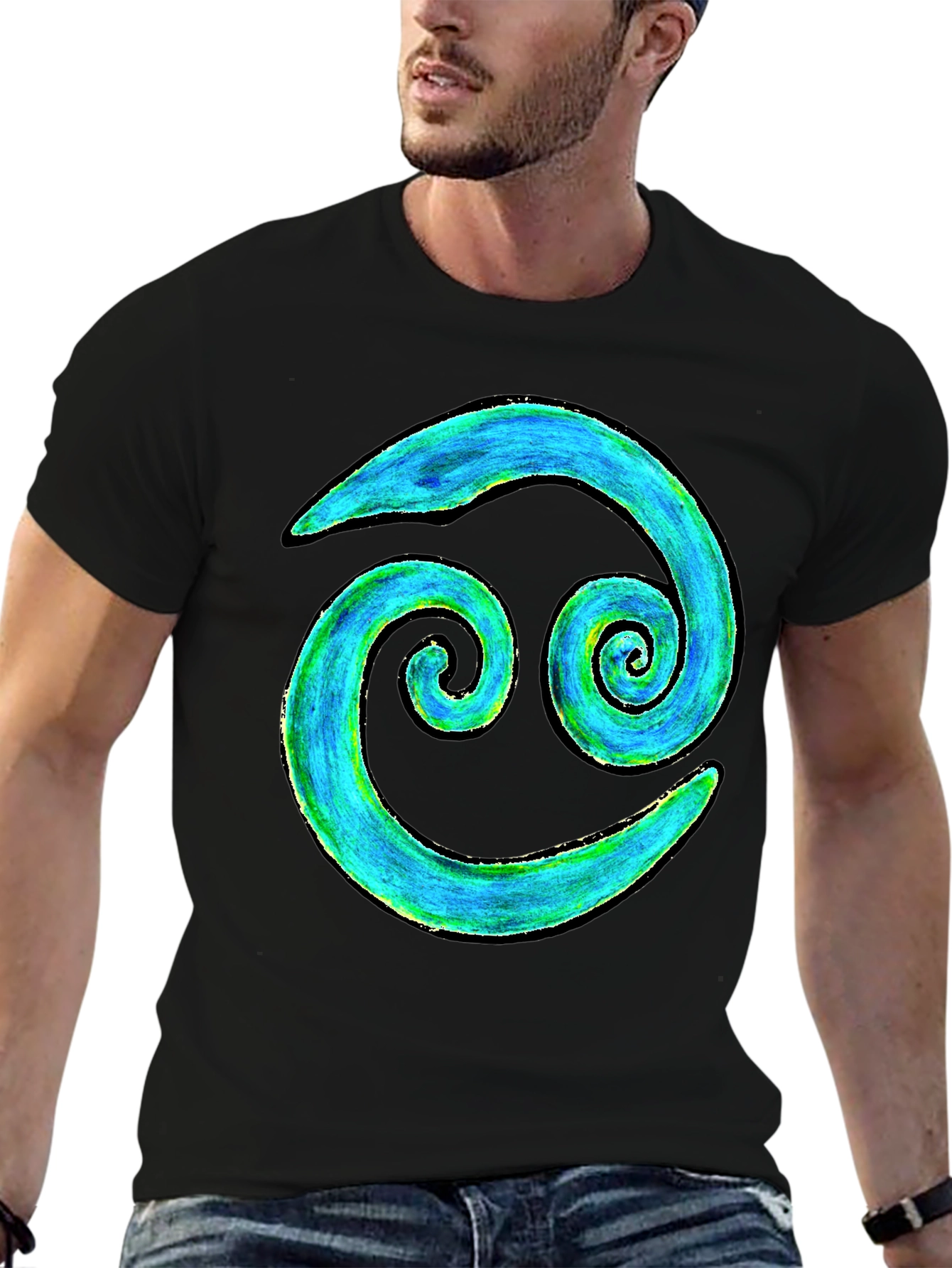 Cancer Zodiac T-Shirt - Blue and Green Spiral Design