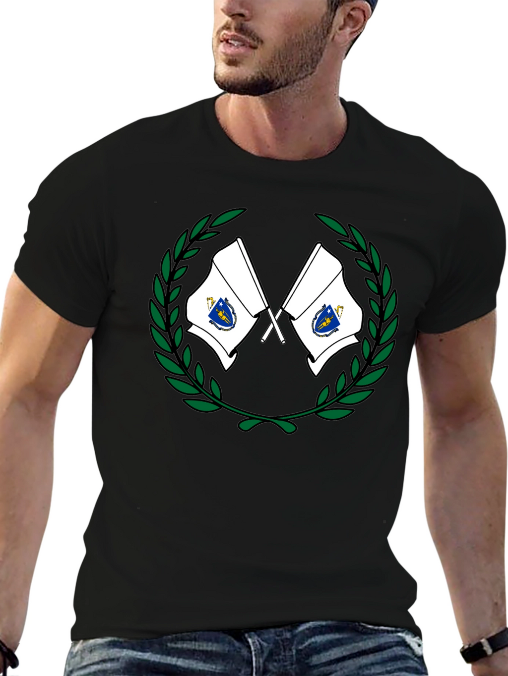 Massachusetts Flag Wreath T-Shirt - Black