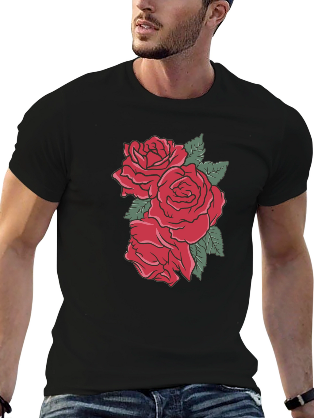 Mens Black T-shirt with Rose Graphic