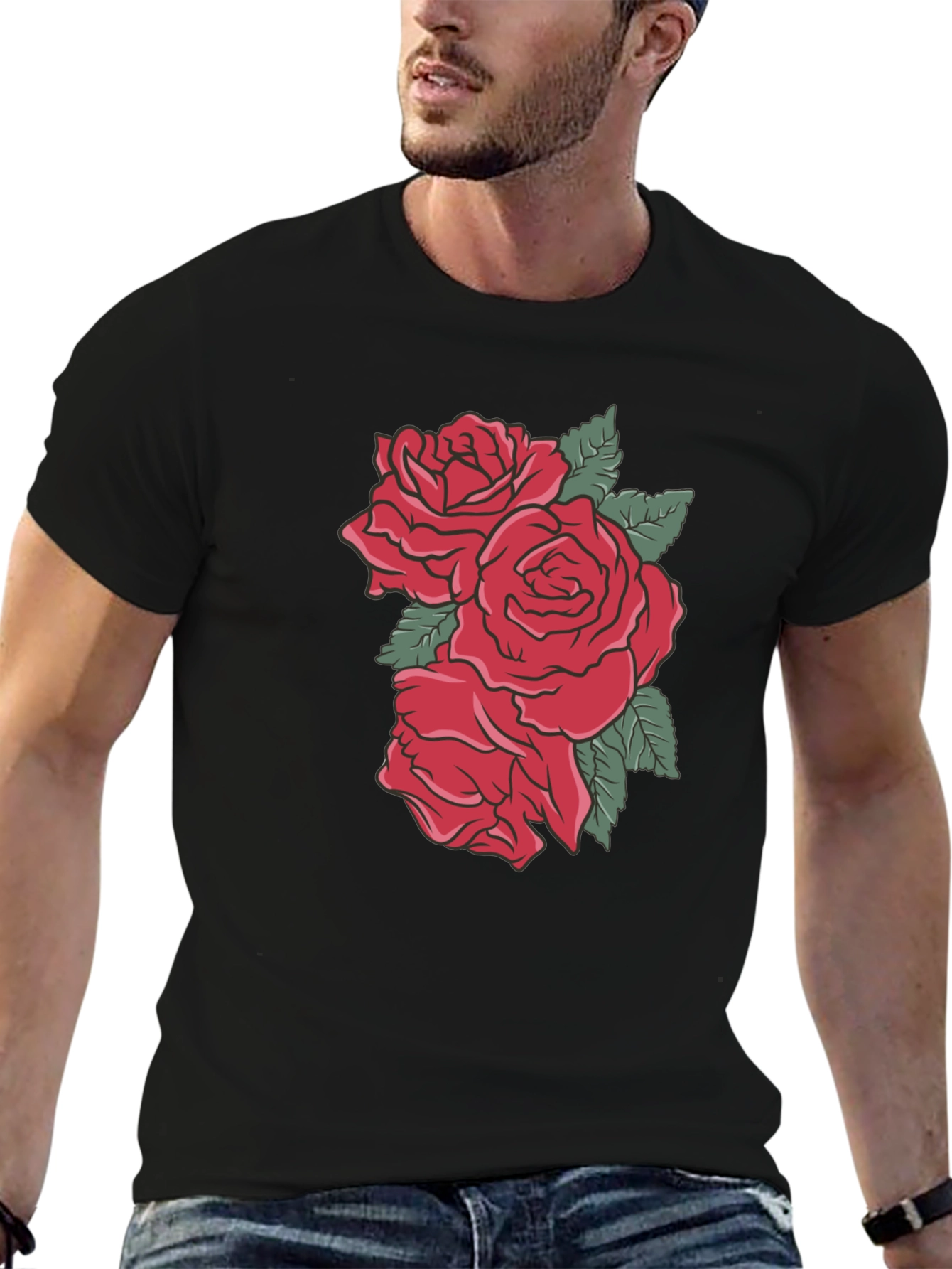 Mens Black T-shirt with Rose Graphic