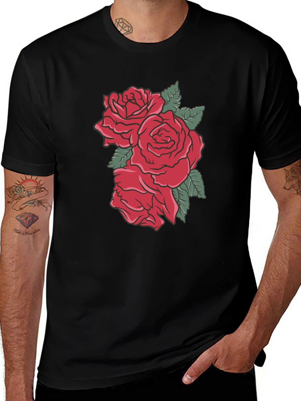 Mens Black T-shirt with Rose Graphic