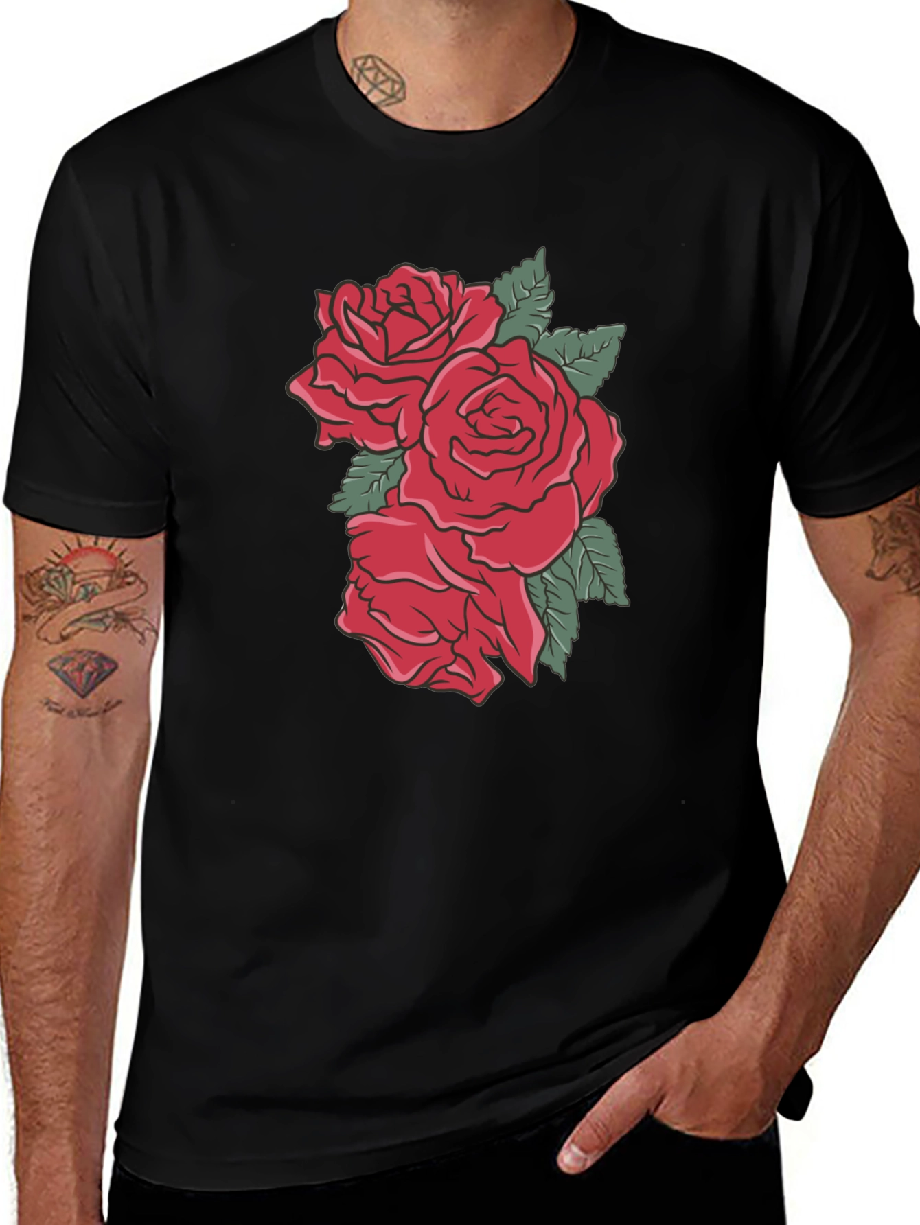 Mens Black T-shirt with Rose Graphic