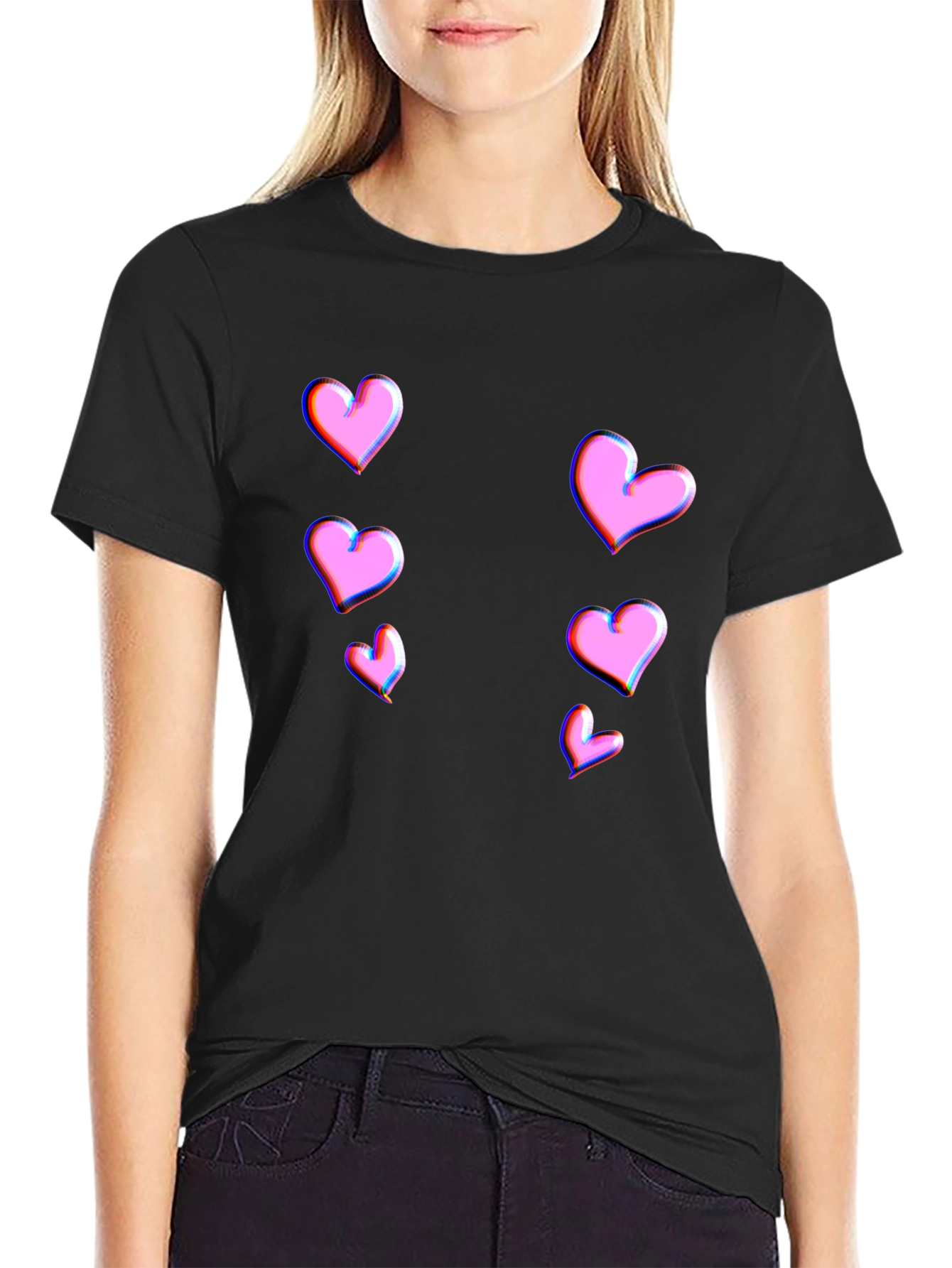 Trendy Black T-Shirt with Pink Heart Design
