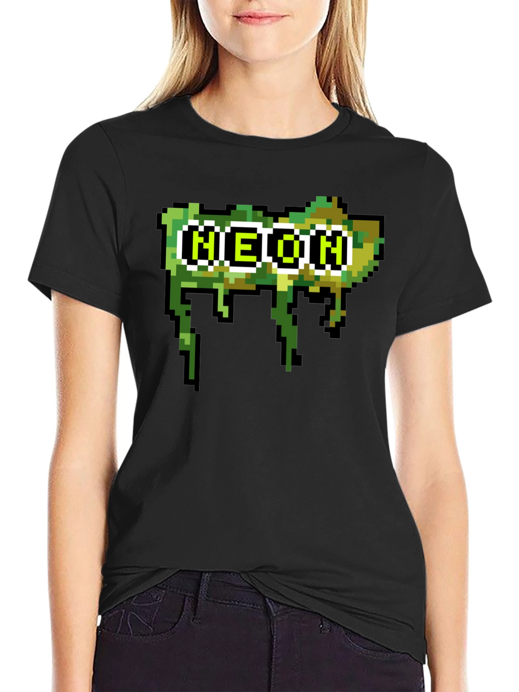 Pixelated Neon Text Black Tee
