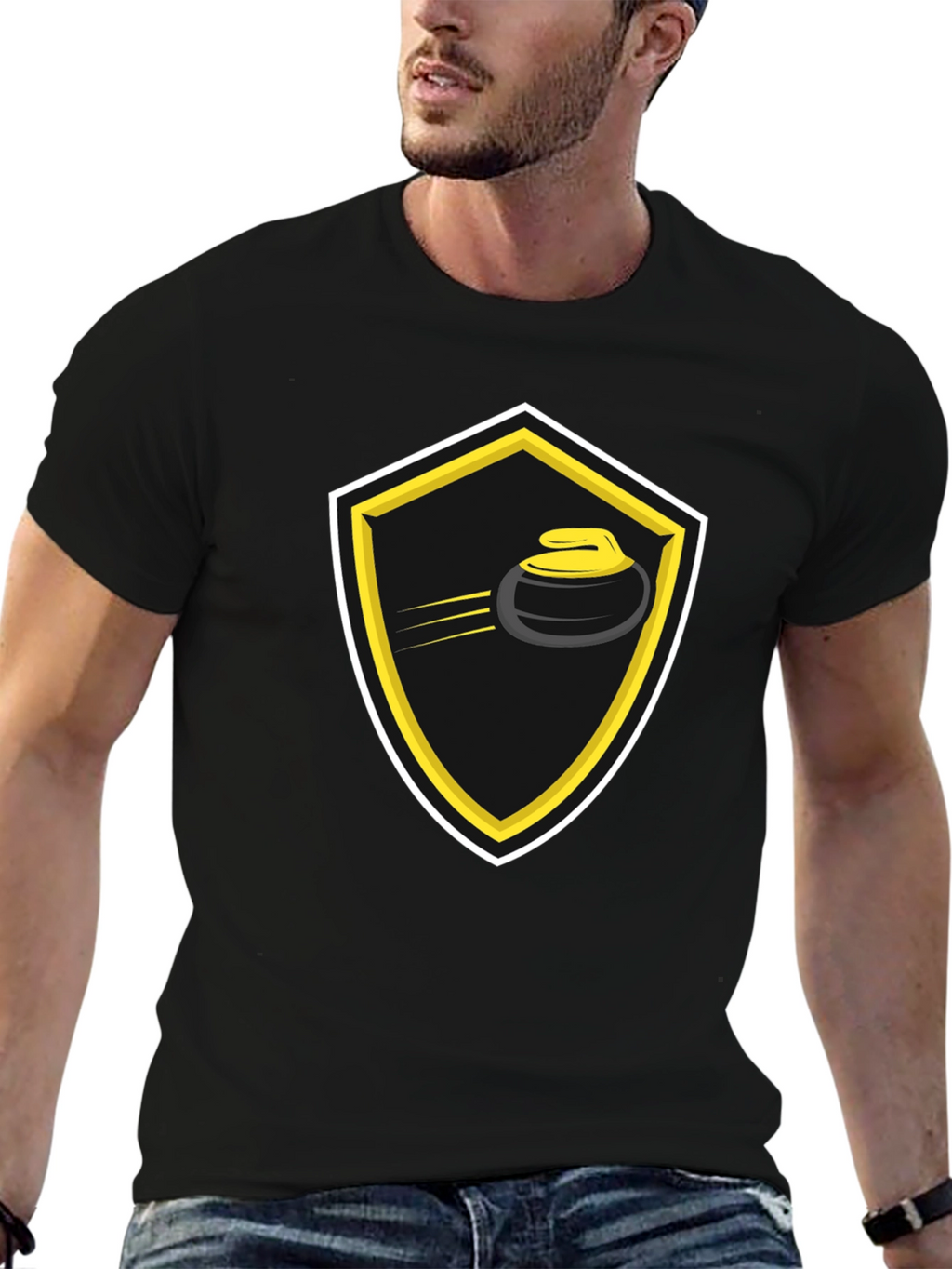 Curling Shield Graphic Tee - Black Cotton T-Shirt