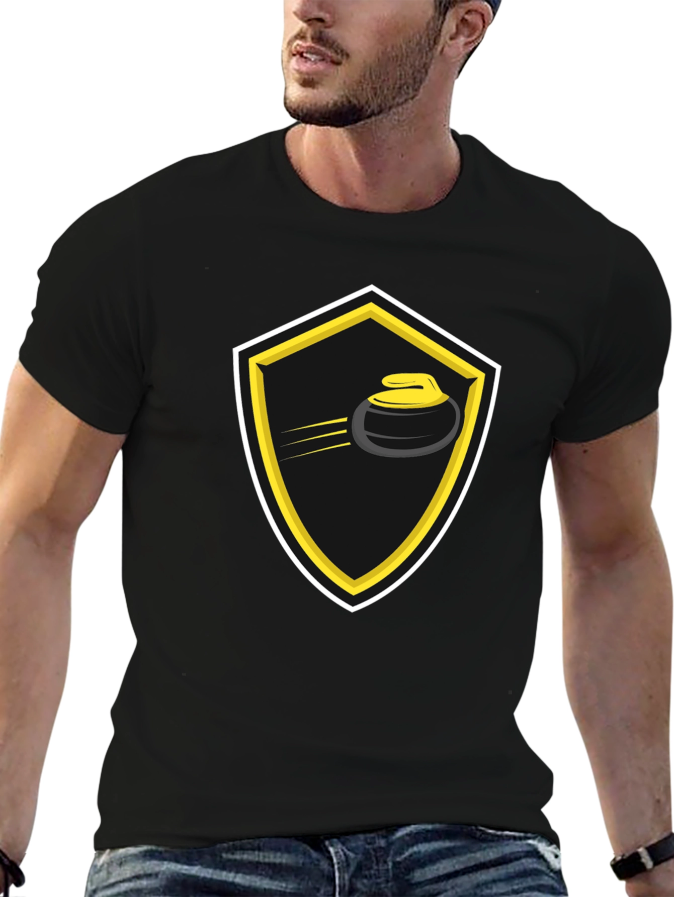 Curling Shield Graphic Tee - Black Cotton T-Shirt