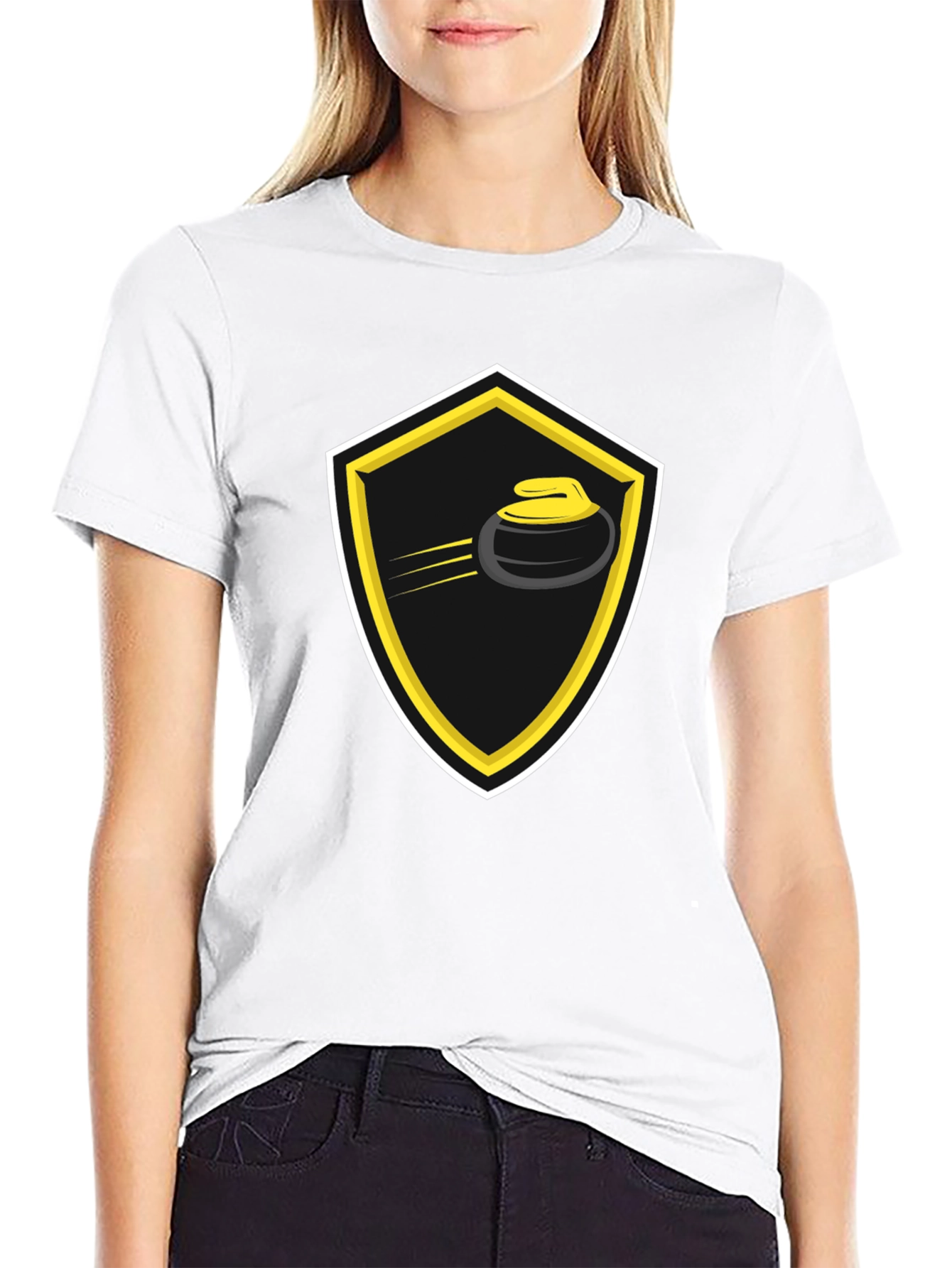 Curling Shield Graphic Tee - Black Cotton T-Shirt