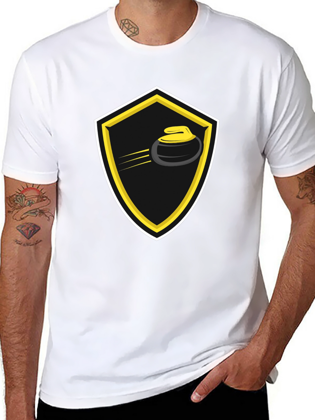 Curling Shield Graphic Tee - Black Cotton T-Shirt