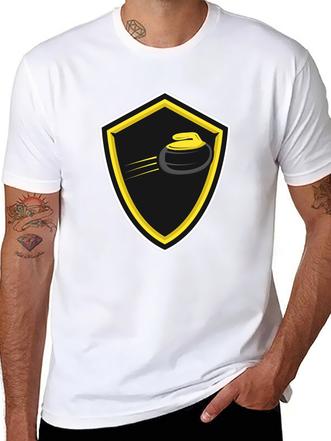 Curling Shield Graphic Tee - Black Cotton T-Shirt