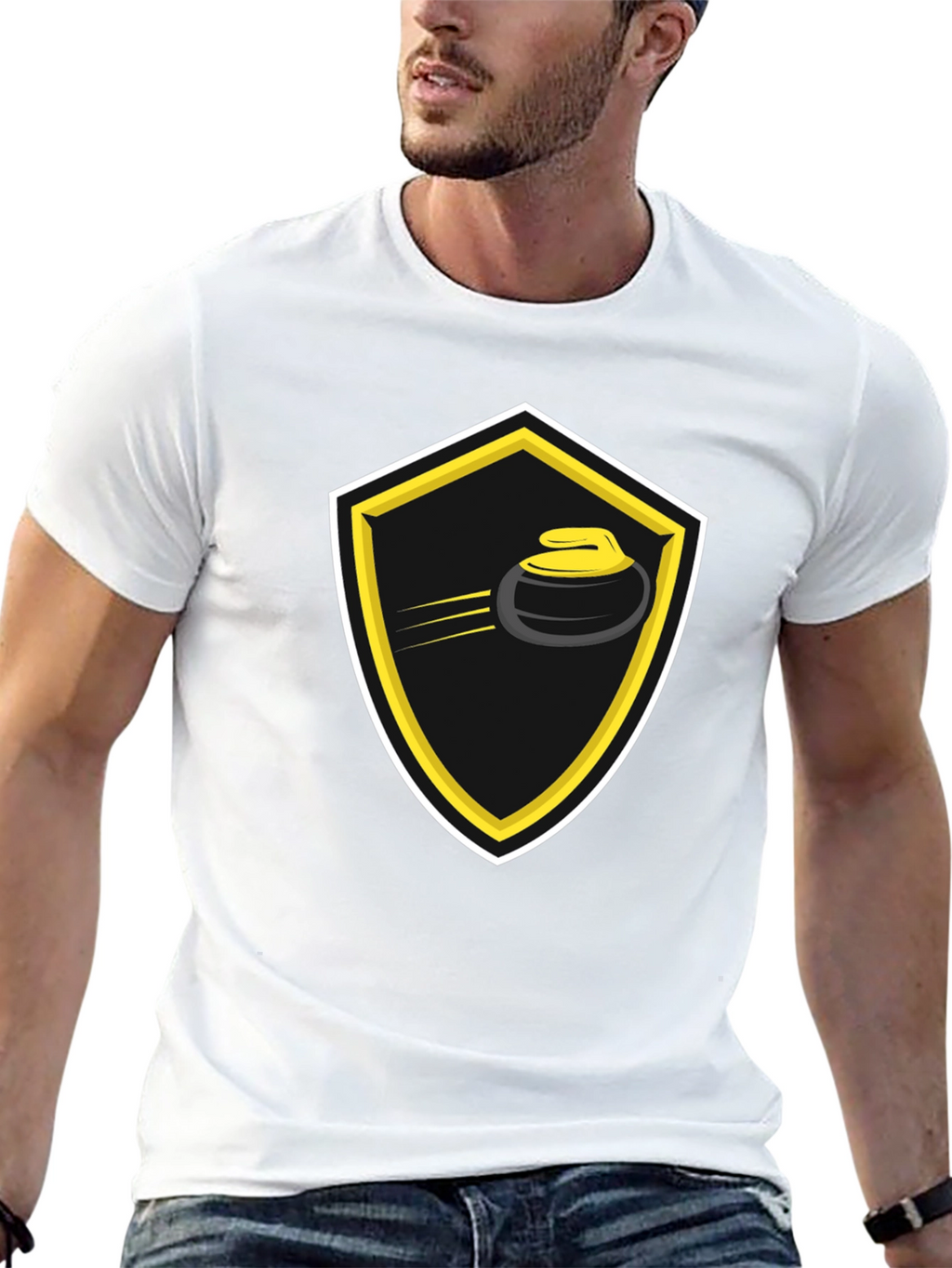 Curling Shield Graphic Tee - Black Cotton T-Shirt