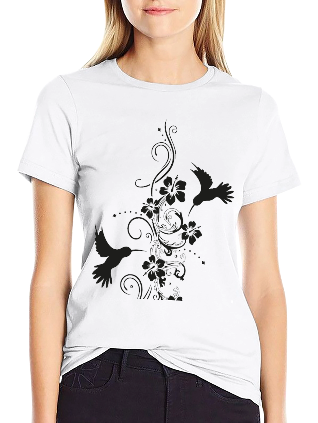 Hummingbird Floral Black T-Shirt