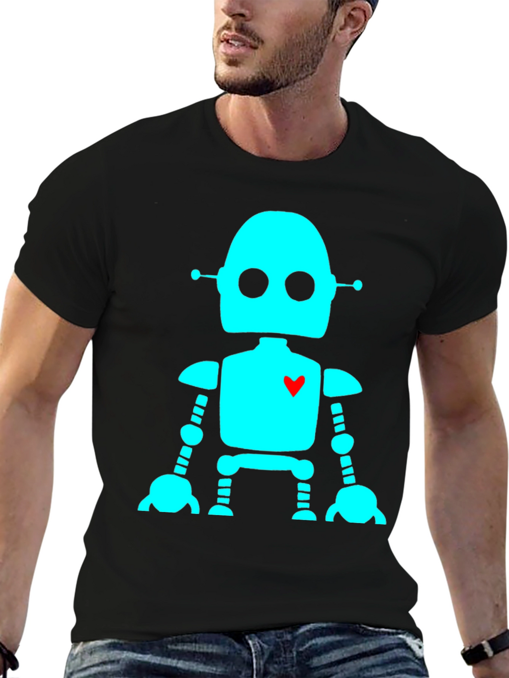 Robot with Heart T-Shirt - Black Short Sleeve