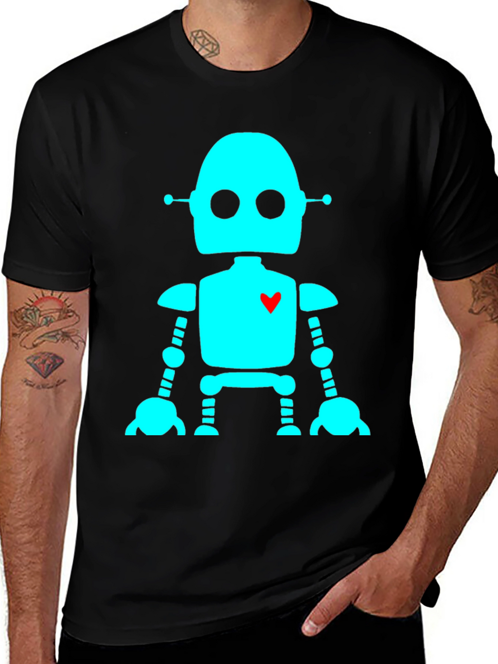 Robot with Heart T-Shirt - Black Short Sleeve