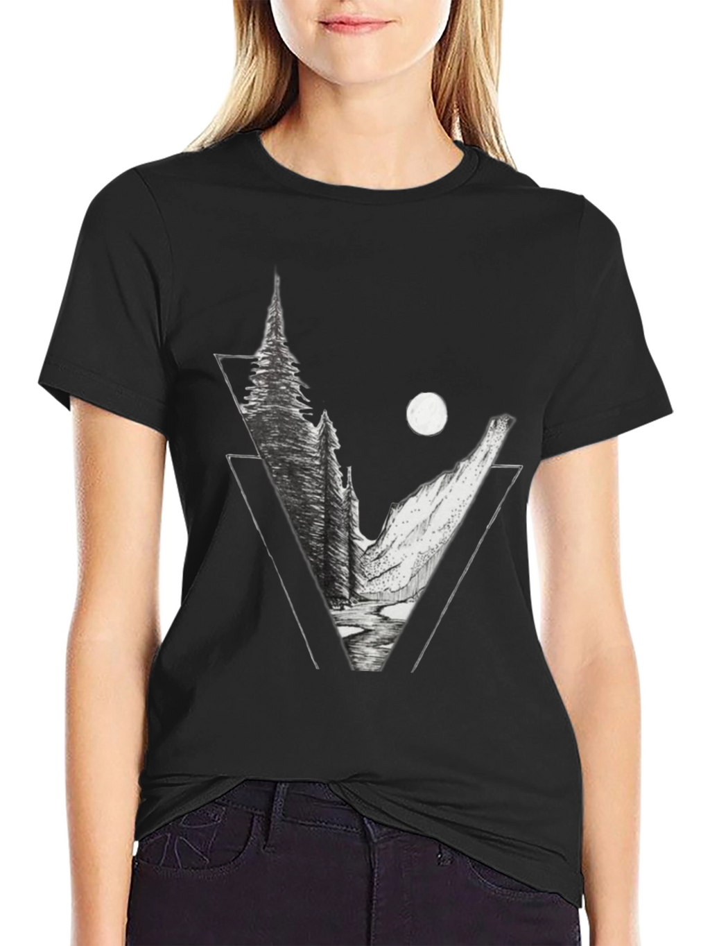 Geometric Mountain Scene Graphic Tee - Black