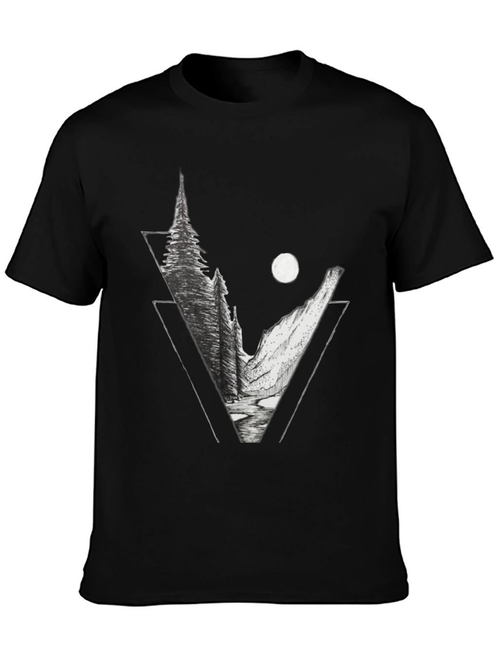 Geometric Mountain Scene Graphic Tee - Black