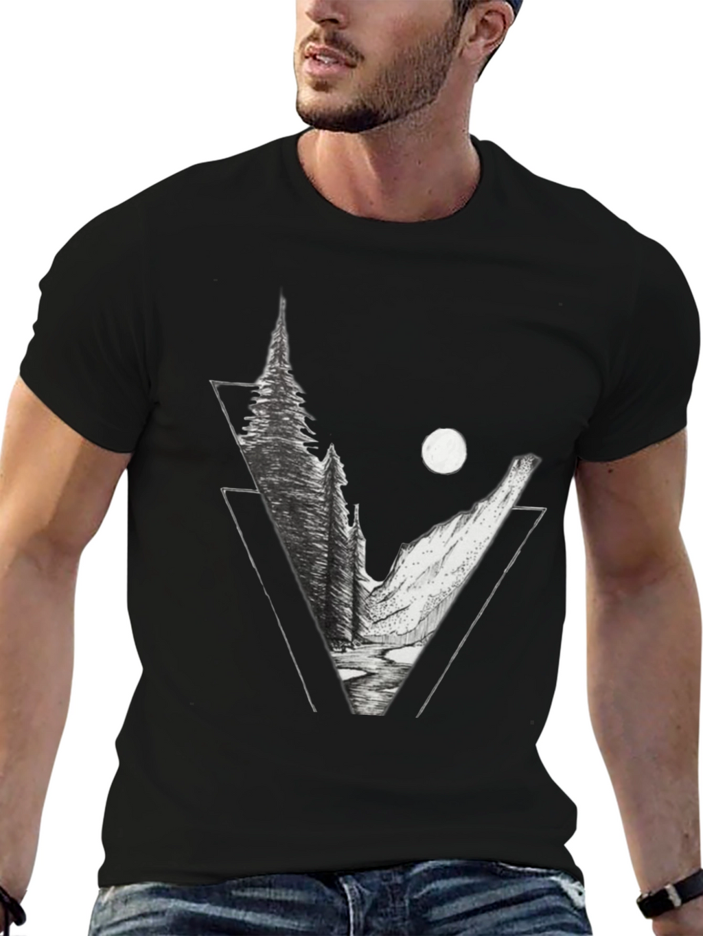 Geometric Mountain Scene Graphic Tee - Black