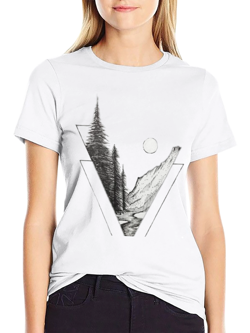 Geometric Mountain Scene Graphic Tee - Black
